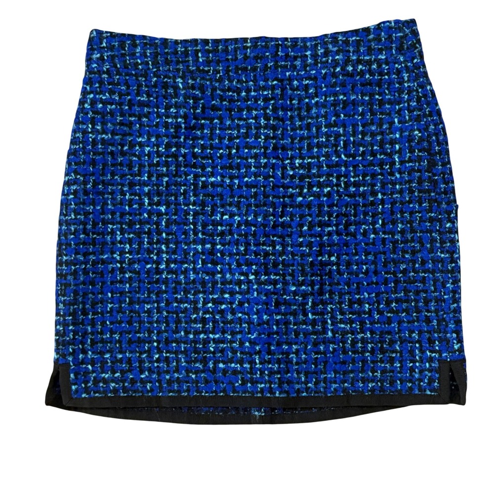 J.Crew Blue Black Wool Blend Tweed Boucle Mini Skirt A-Line Side Slit Size 00
